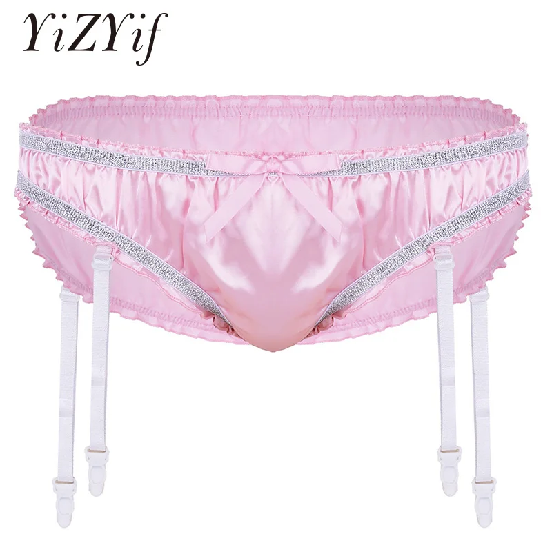 

Sexy Satin Sissy Panties Mens Lingerie Shiny Stretchy Satin Ruffled Lined Sissy Triangle Briefs Underwear with Plastic Garters