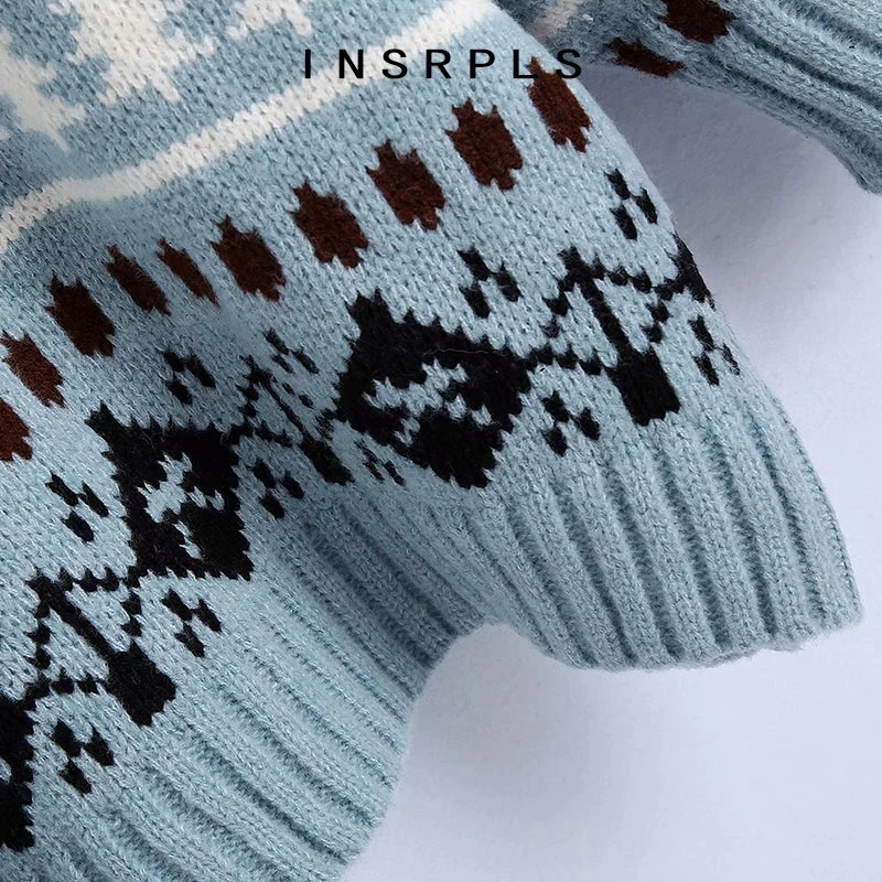 

INSRPLS Women Fashion Oversized Jacquard Knitted Sweater Vintage High Neck Long Sleeve Female Pullovers Chic Tops