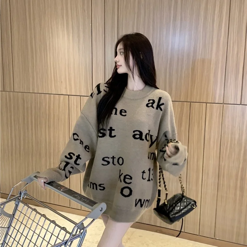 Свитер с надписью Женская свободная верхняя одежда круглым вырезом свитер