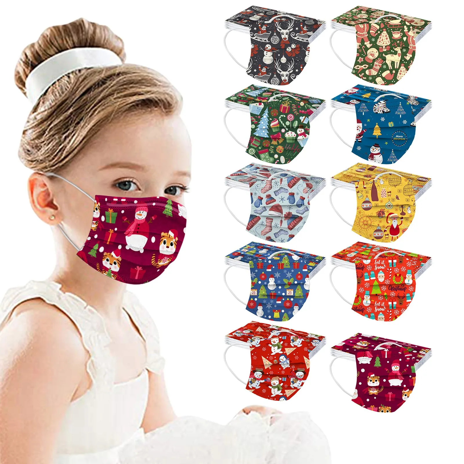

10pcs Children's Christmas Disposable Mask Industrial 3ply Earloop Bandage Xmas Masks Pm2.5 Masks Earloop Bandage Mascarillas
