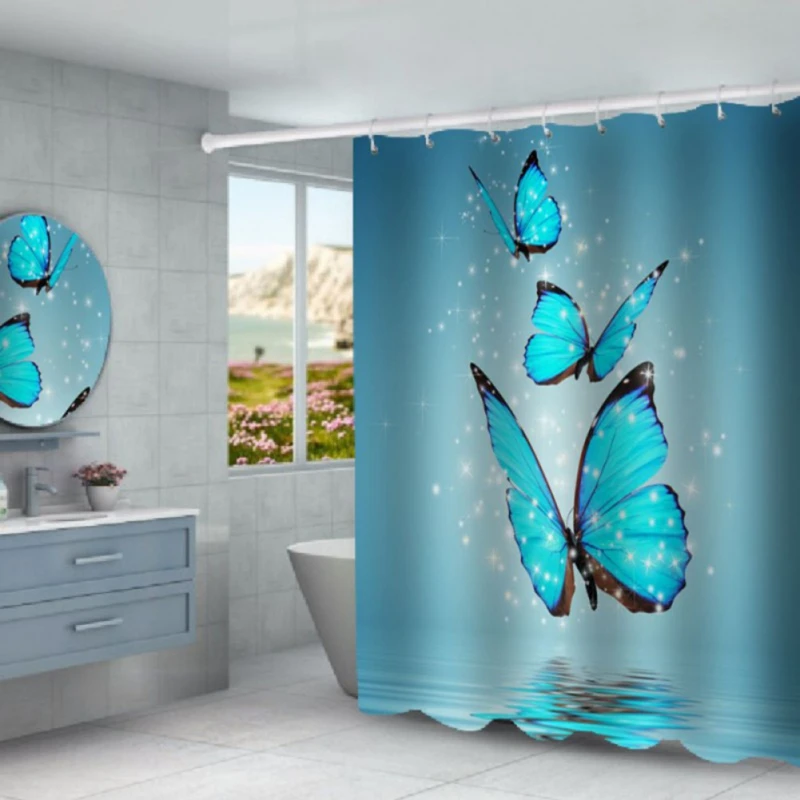 

Blue Butterfly Shower Curtain Polyester Bathroom Decor Waterproof Moisture Resistant Quick Dry Bathroom Mildew With Hanging Ring
