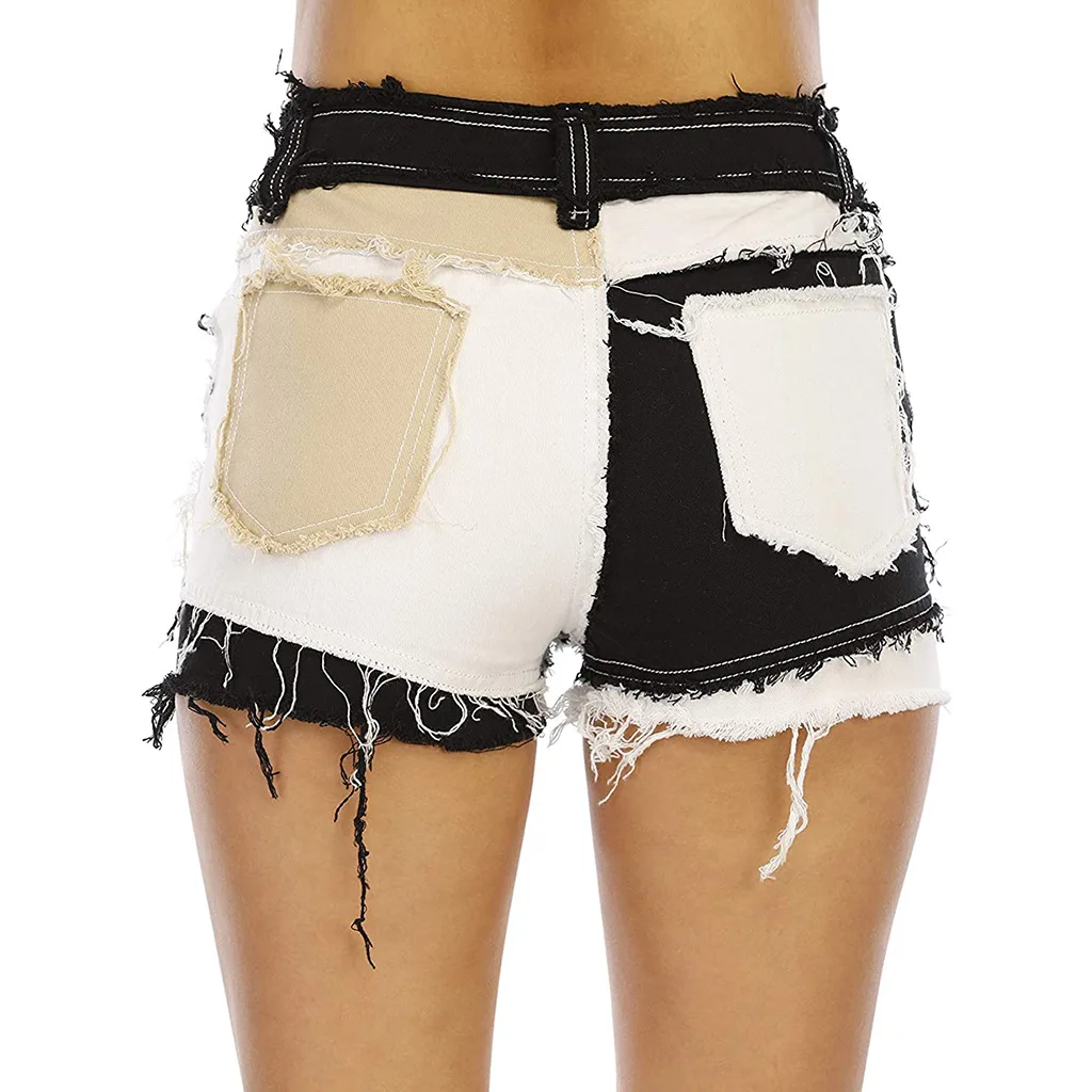 Patchwork Denim Shorts Women Casual Ripped Jean Shorts Irregular Straight Leg Shorts Summer Female Street Clothing