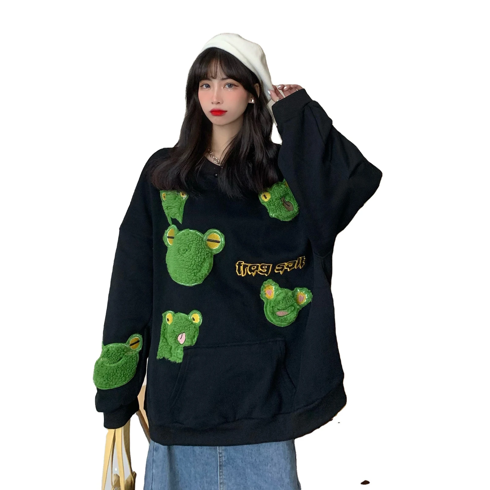 

Women Fun Sweatshirt with Scarf Frog Pattern Loose Pullovers Fashion Casual Long Sleeve Oversize Sweatshirt FOU99