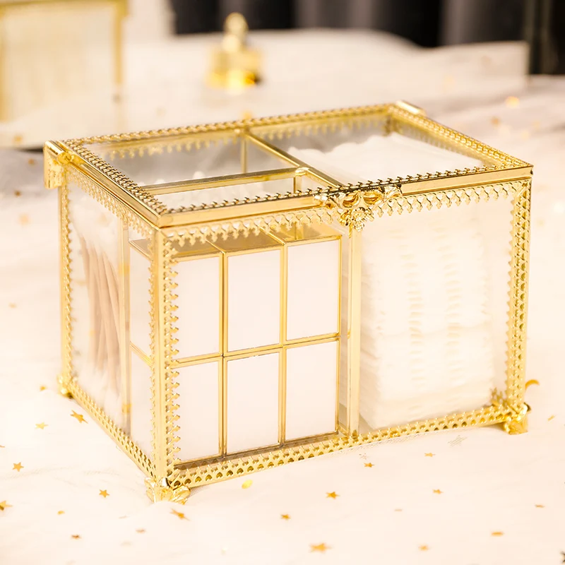 

Винтажный стеклянный неакриловый ящик для хранения хлопковых тампонов TT, ватный тампон, маленькая коробка, прозрачный стол для комода