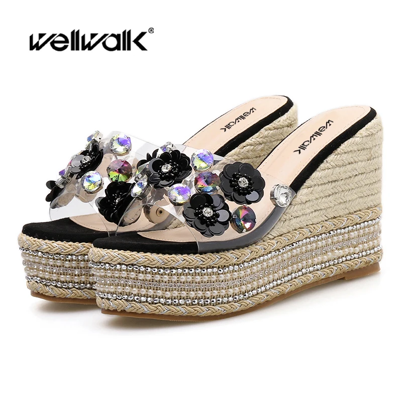 Прозрачные Летние эспадрильи Женская обувь из пеньковой ткани Шлепанцы на
