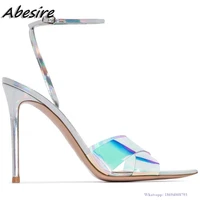 abesire new womens sandals clear pvc rainbow color buckle high heels summer shoes for women fashion stilettos zapatos mujer