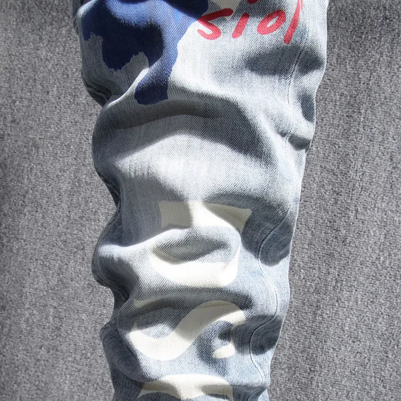 European American Street Fashion Men Jeans Retro Light Blue Slim Fit Printed Jeans Men Casual Designer Hip Hop Denim Punk Pants