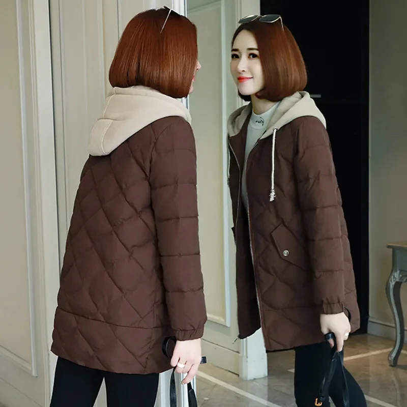 2021 Women New Winter Down Cotton Jacket Female Mid-Length Loose Korean Diamond Check Cotton Coat women casual hooded tide A18
