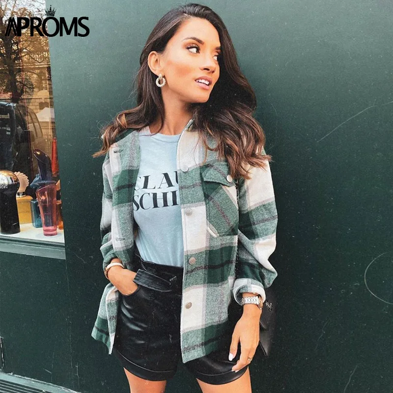 Aproms зеленые белые клетчатые куртки больших размеров женские модные пальто с