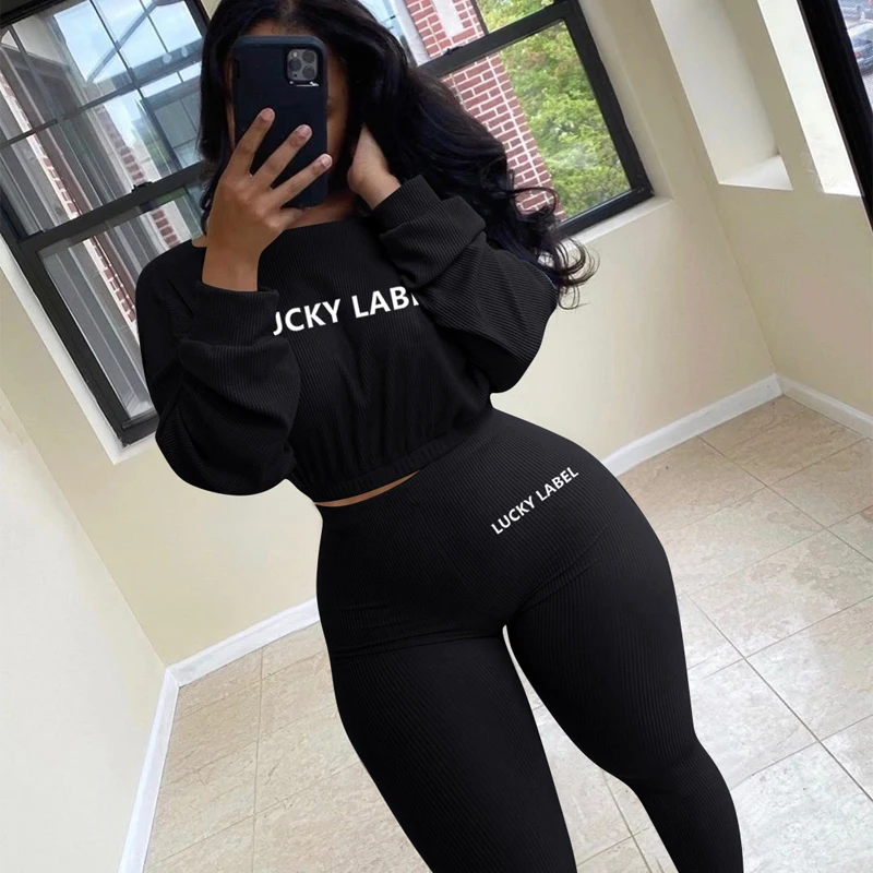 

Lucky Label Two 2 Piece Sets Womens Outfits Long Sleeve Crop Top Legging Casual Sweet Knitted High Stretch Bodycon Jogger Outfit