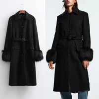 za women elegant woolen winter jackets coat with blet 2021 single breasted thicken fur long sleeve overcoat street outwear