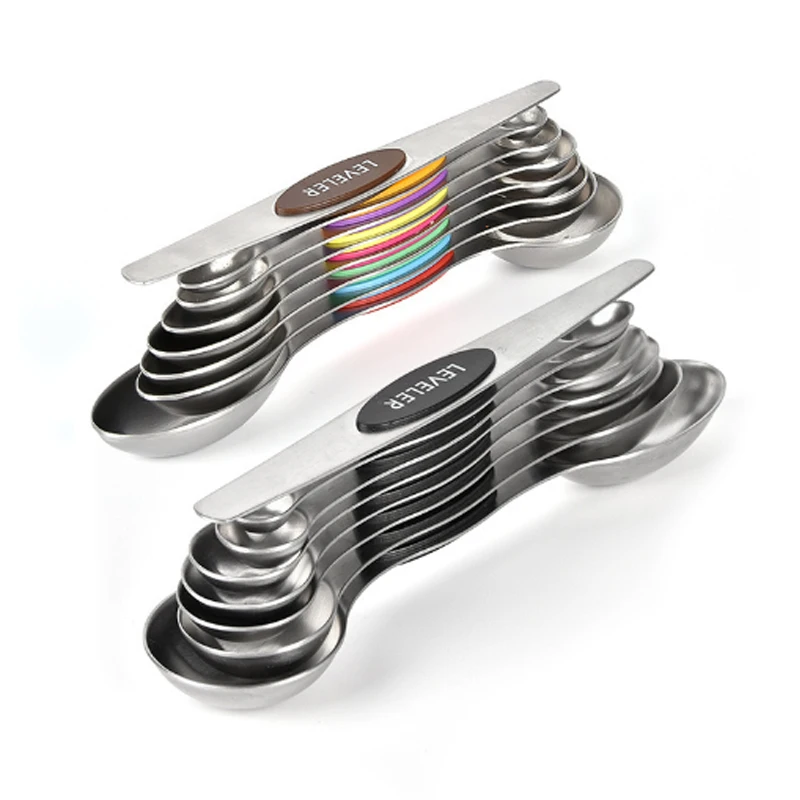 

8-Piece Headed Measuring Spoon Stainless Steel Material Magnet Adsorption Double Scale Mark Kitchen Accessories Color Box