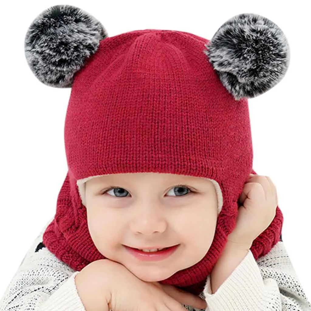 

Children's Fashion Cute Double Hairball Thicken Wool Hat Solid Windproof Warm Knitted Hat Autumn Winter Fur Pompom Knit Beanies