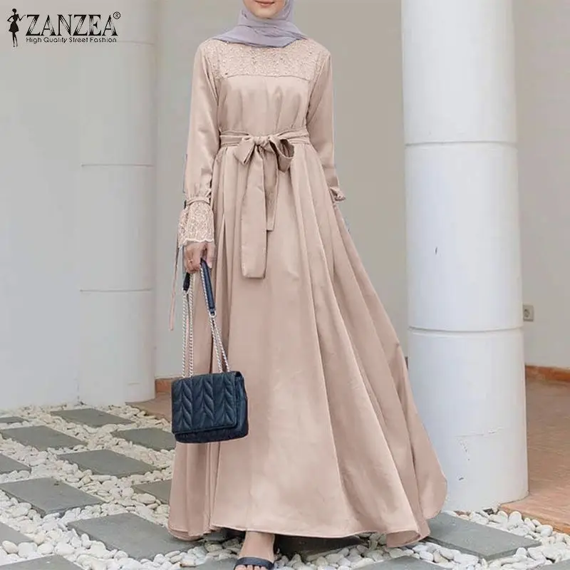 2021 ZANZEA Women Fashion Muslim Dress Long Sleeve Lace Patchwork Abaya Sundress Elegant Maxi Vestidos Marocain Robe Femme | Тематическая