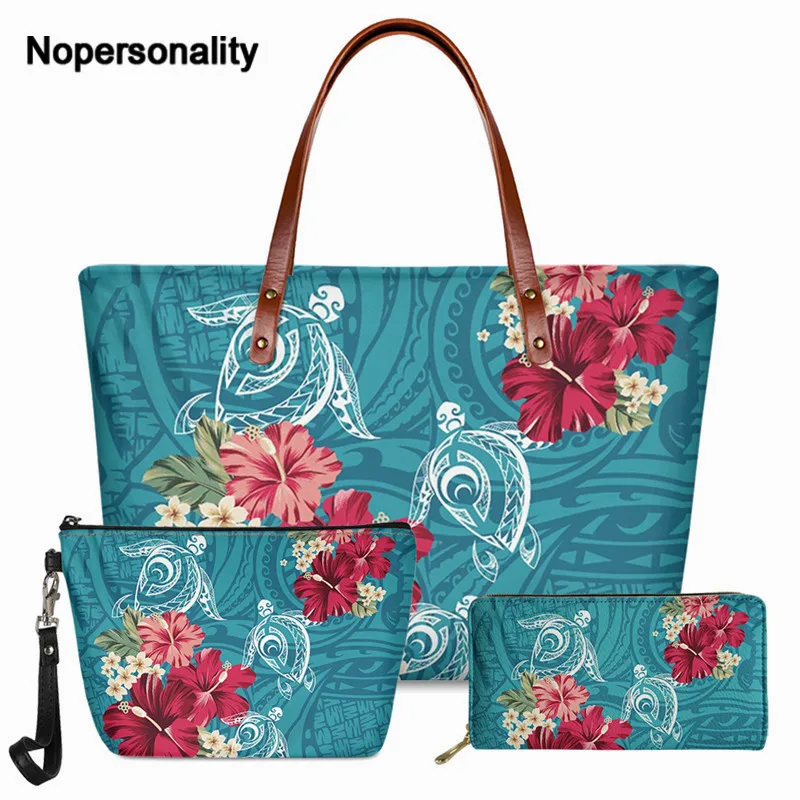 

Nopersonality 3pcs Luxury Women PU Hand Bag And Purse Hawaiian Turtle With Hibiscus Printing Shoulder Bolsa Totes Sac Custom