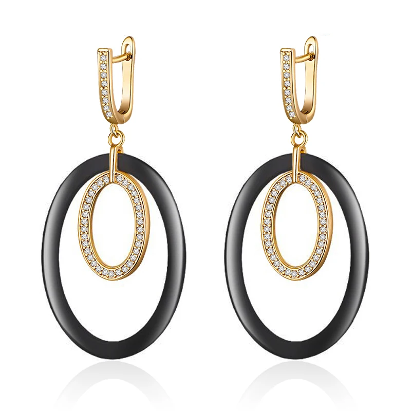 Женские керамические серьги с фианитом большие круглые золотого и серебряного