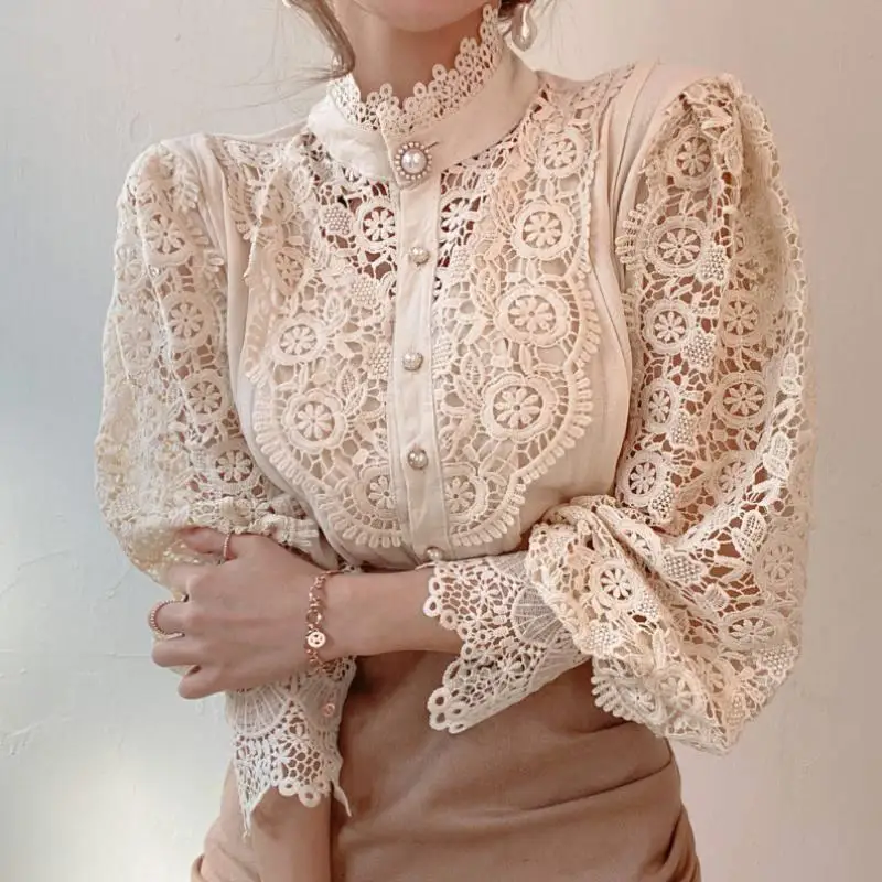 

Petal Sleeve Stand Collar Hollow Out Flower Lace Patchwork Shirt Femme Blusas All-match Women Lace Blouse Button White Top Tees