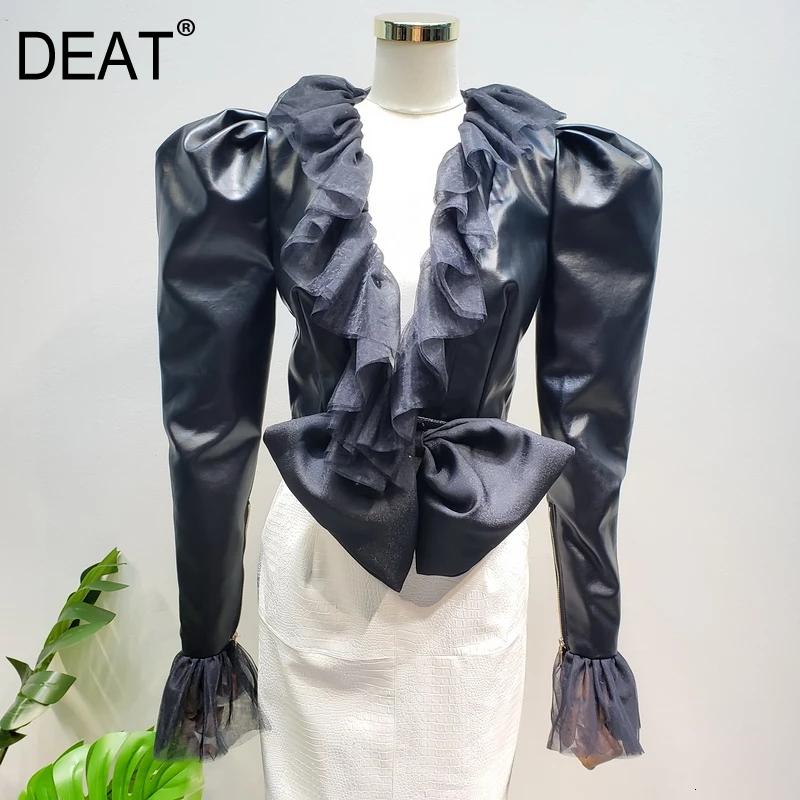 DEAT New Autumn And Winter V-neck Flare Sleeves Ruffles Mesh Organza PU Leather High Waist Short Jacket 19F-a117-01