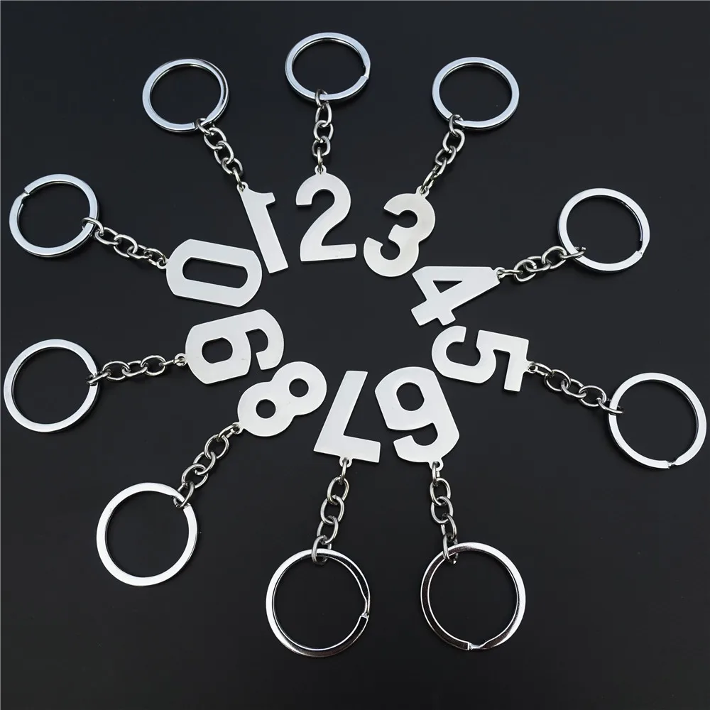 10 Pieces Assorted Number Keychain Numeric Charms Pendants 0 1 2 3 4 5 6 7 8 9 Repurposed Stainless Steel Keyring Arabic Numeral