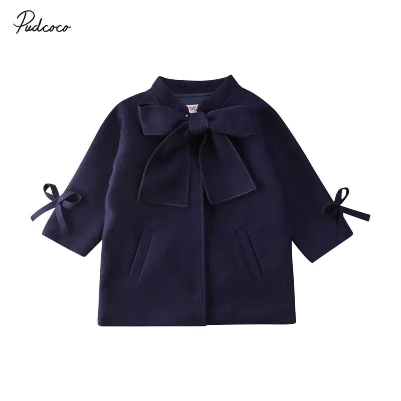 2020 Fashion 2-8Y Infant Kids Baby Girl Blends Coat Outfits Blue Bowknot Long Sleeve Slim Winter Spirng Big Bow Top Outwear | Детская