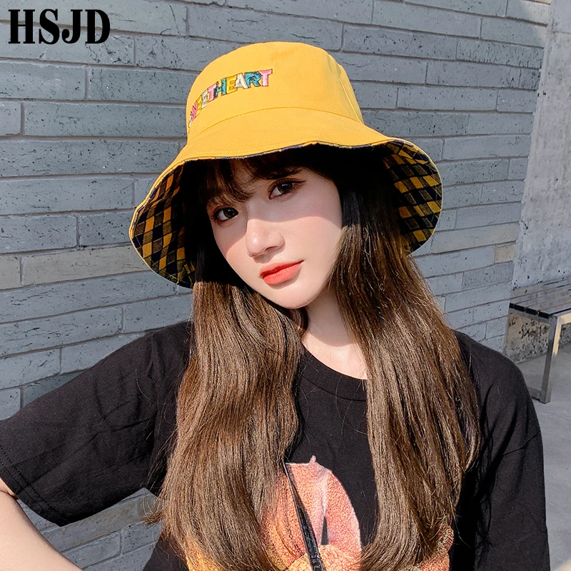 Панама женская Двусторонняя в клетку шляпа от солнца с надписью милым рисунком