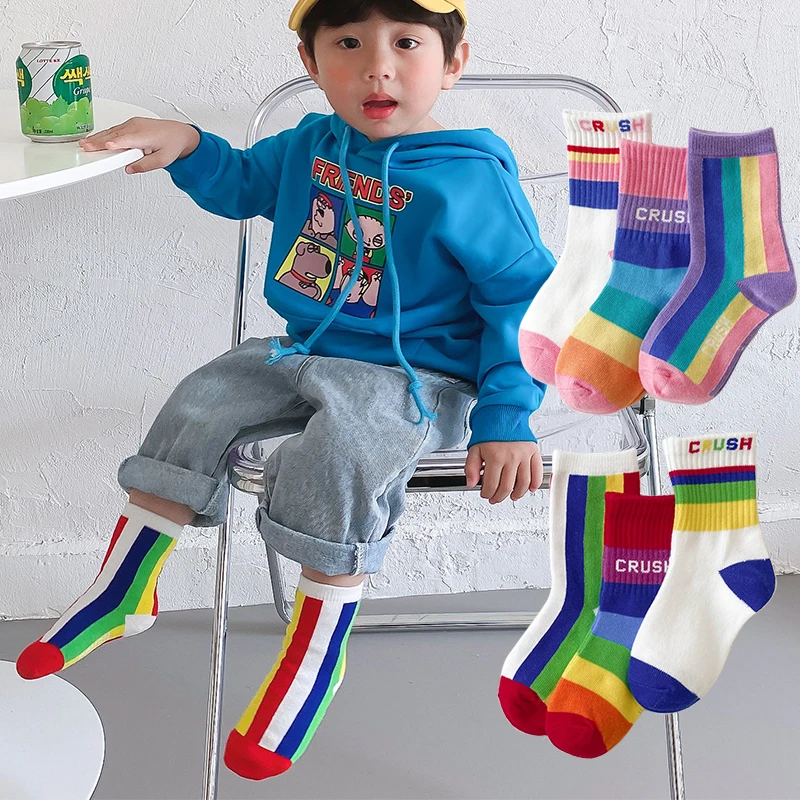 

3 Pairs Lot Kids Knee High Rainbow Socks Spring Summer Toddler Children Baby Girl Boys Cotton White Sport Socks Stripe Long Sock