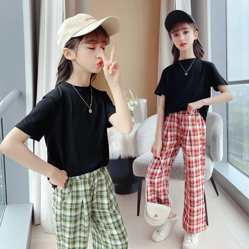 

Girls' short-sleeved suit 2021 summer new medium and large children's fashion casual plaid two-piece suit