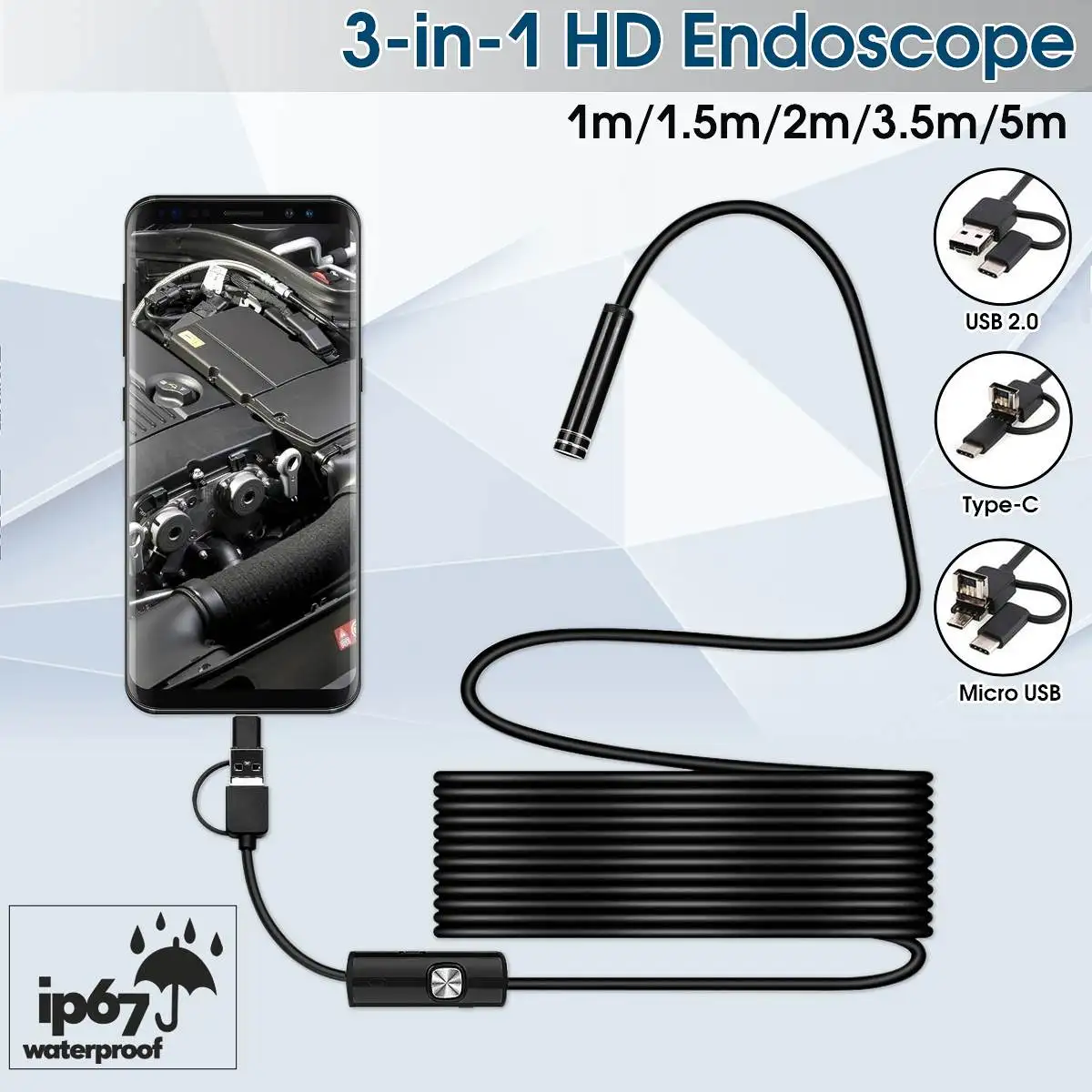 7 мм эндоскопа USB/Тип C/ Micro USB 3 в 1 Endorscope Камера гибкий IP67 Водонепроницаемый
