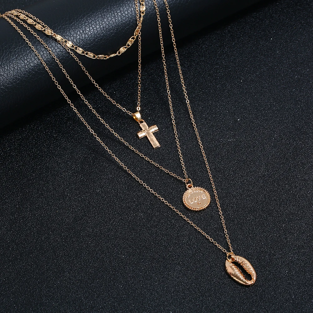 Retro Gold Cross Ocean Shell Letter Round Chain Pendant Multistorey Necklace For Women Charm Boho Party Jewelry | Украшения и