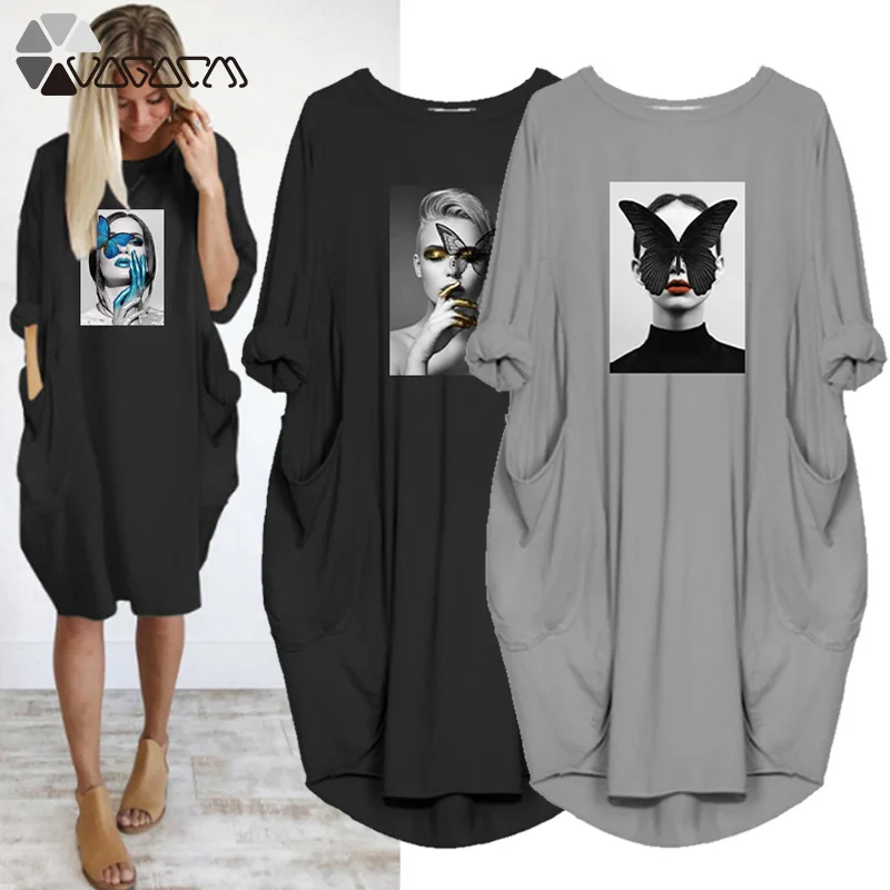 

Woman Plus Size 5Xl Midi Dress Butterfly&beauty Fashion Print O-Neck Long Sleeve Pockets Loose Elegant Knee Party Vestidos Robe