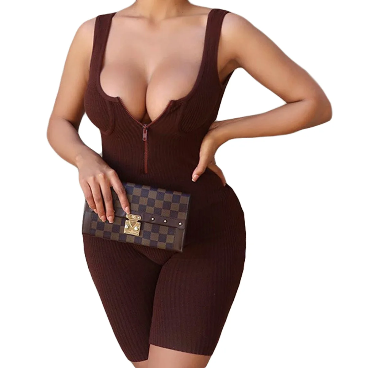 

2020 New Sleeveless Front Zipper Jumpsuit Rompers V-neck Bodycon Slim Playsuit Sprots Running Solid Color Jumpsuit Playsuit