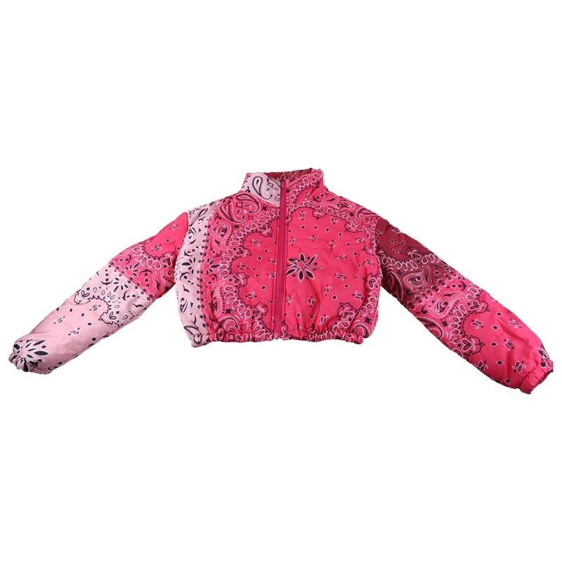 

Y166 Women Paisley Print Puffer Parkas Jacket Long Sleeve Zip Up Cropped Bubble Coat