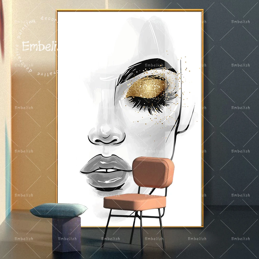 

Embelish 1 Pieces Fashion Woman Face With Golden Eye Modern Home Decor Pictures For Living Room Wall Posters HD Canvas Paintings