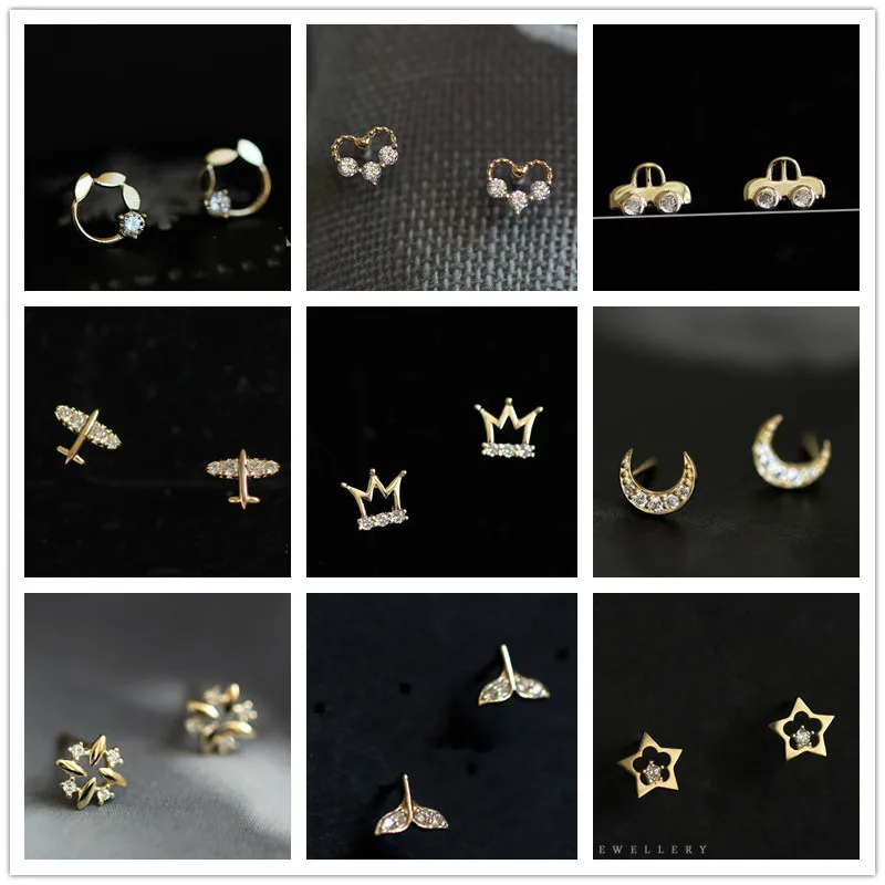 

Fengxiaoling 100% 925 Sterling Silver Golden Mini Stud Earrings For Women Mini Cubic Zirconia Jeweled Geometric Ear Stud Jewelry