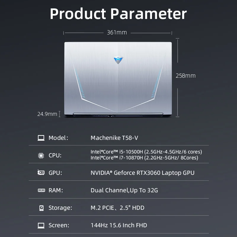 Machenike T58 RTX3060 Gaming Laptop i7 10870H 16G 512G SSD 144Hz 15.6'' WiFi6 Backlit Keyboard Notebook Computer
