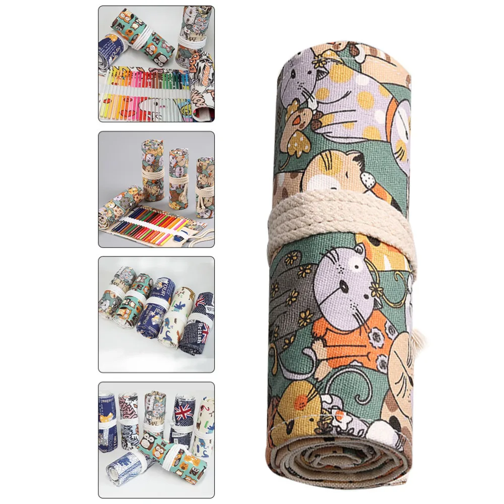 

Fashion Unisex Pencil Brush Rolling Bag Cat Pattern Pen Roll Pouch (48 Holes)