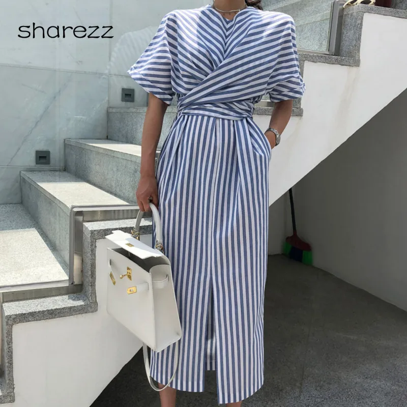 Корейское женское летнее платье винтажное с круглым вырезом хлопковое синее