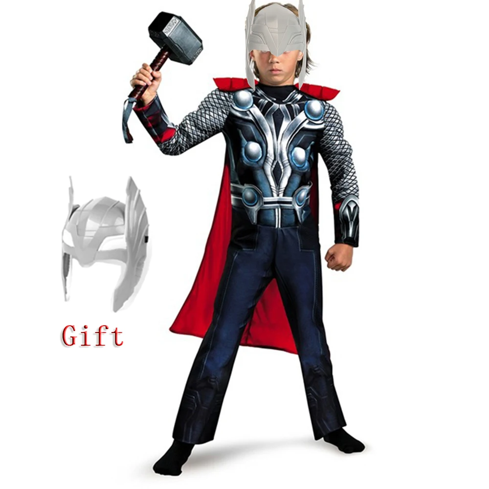 

Halloween Costumes Super Heroes Kids Muscle Thor Attached Cape Cosplay Cloak Birthday Party Clothes Harmmer Gift