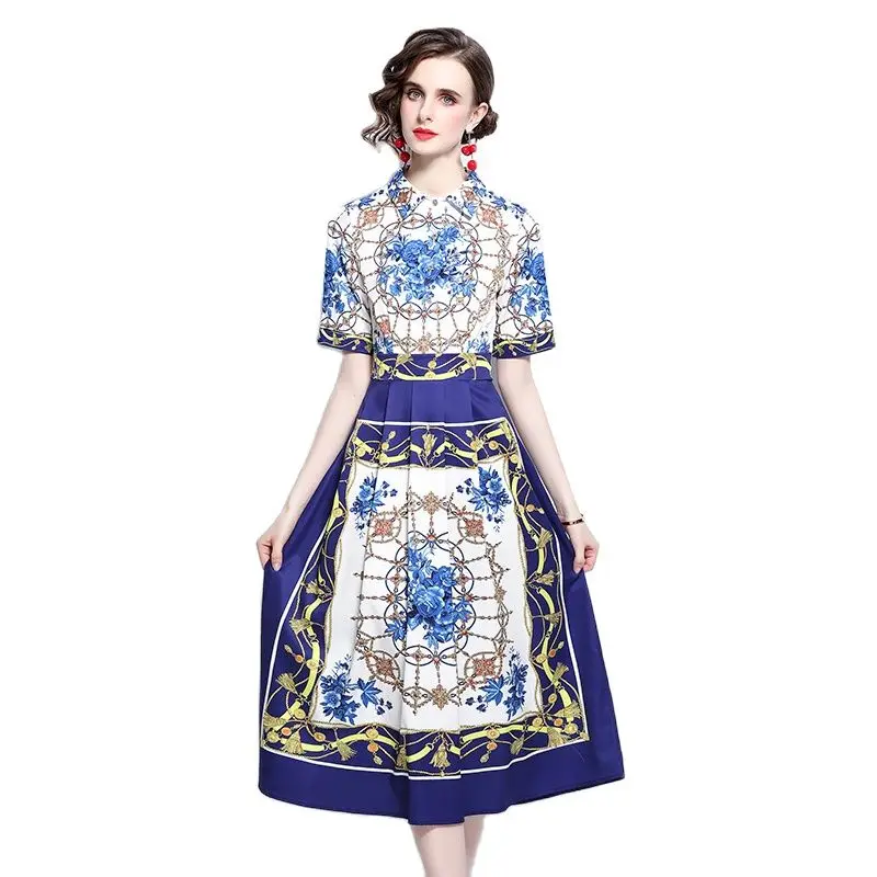 

Vintage Blue Printed Lapel Pleated Slim Dress Ladies Short Sleeved Mid Length Temperament Clothes
