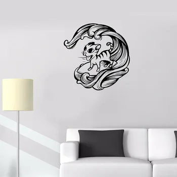 Animal Surfing Wall Decal For Bathroom Cat Wave Sea Vinyl Wall Sticker Pet Grooming Salon Modern Home Decoration Fashion W650
