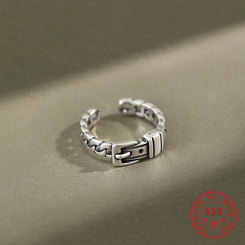 

European Hot Sale 100% 925 Sterling Silver Ring Classicism INS Trend Style Belt Buckle Design Personality Wild Female Jewelry