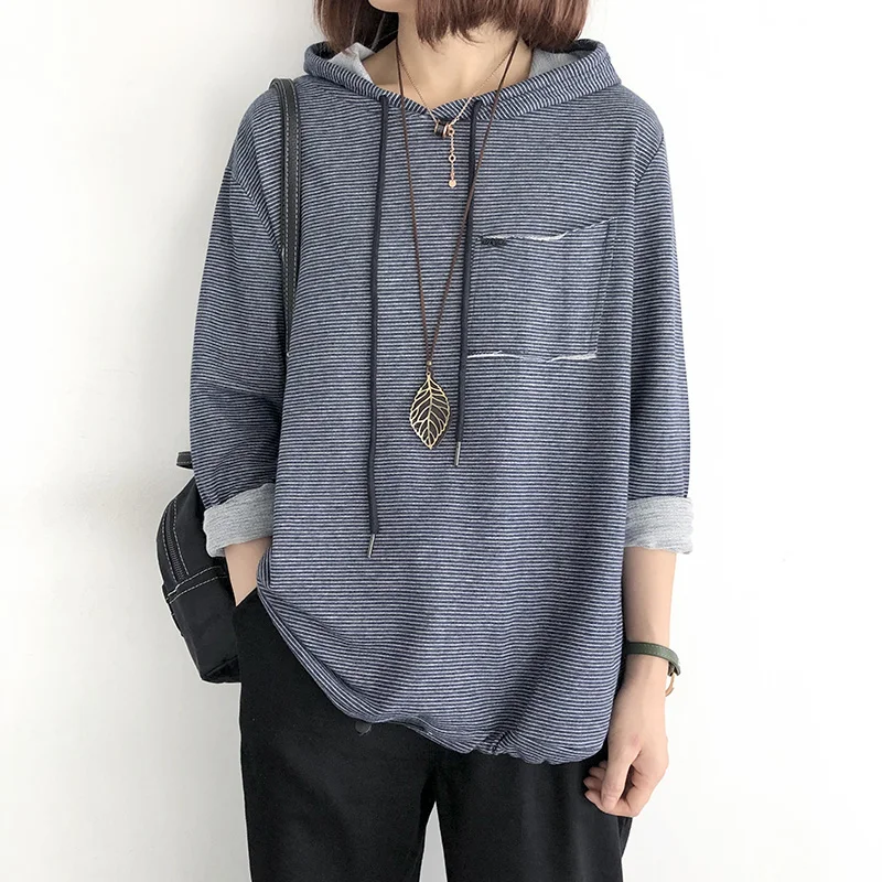Autumn Casual Women Stripe Shirt Cotton Hooded Long Sleeve Spring Thin Pockets Loose Female Fashion Blouse YoYiKamomo