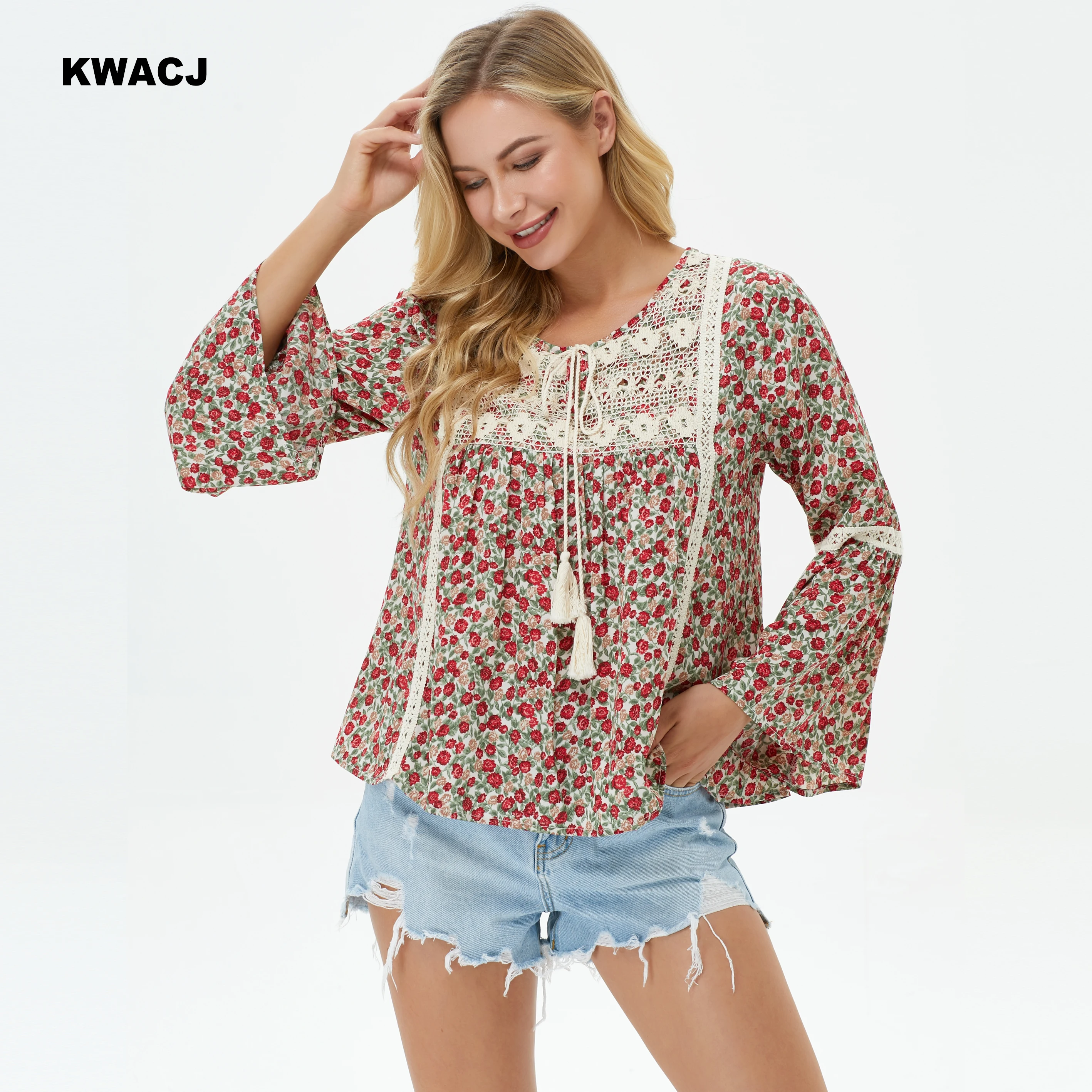 KWACJ Floral Print Women Blouse Flare Long Sleeve Lace Decoration Tassel Bow Ladies Vintage Tops Casual Boho Clothing | Женская одежда
