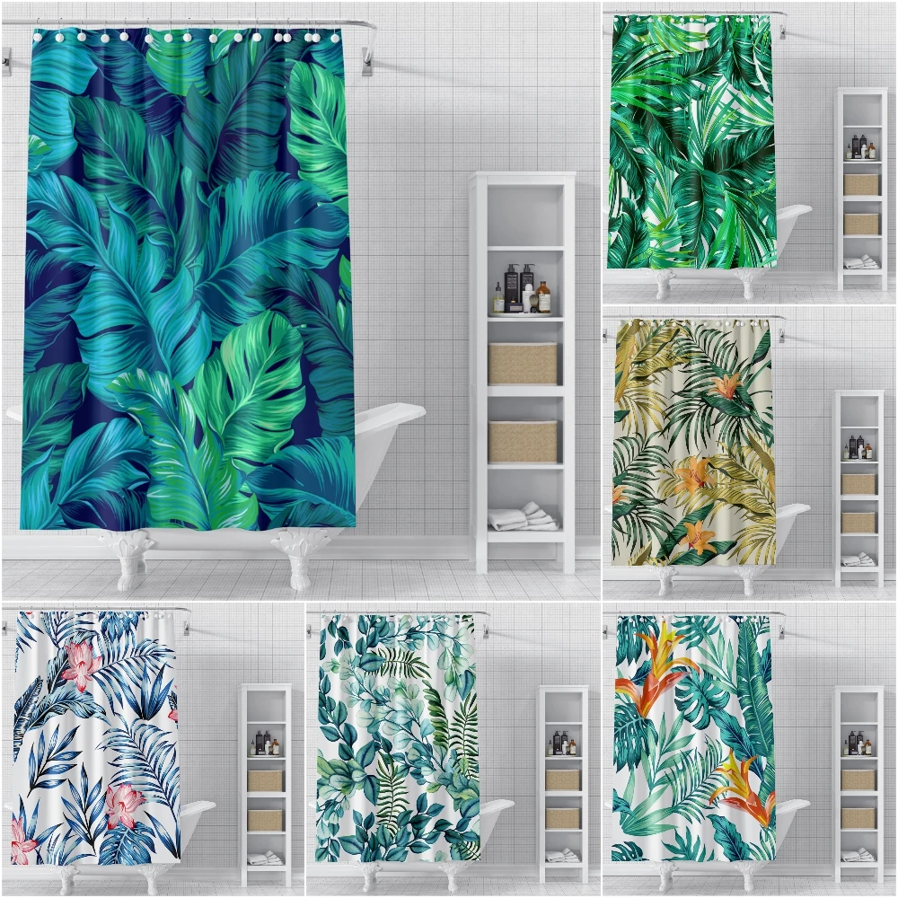 

Waterproof Shower Curtain Tropical Leaves Bathroom Curtains Solid Fabric Bathroom Shower Curtains Hooks Green Plant Bath Cover