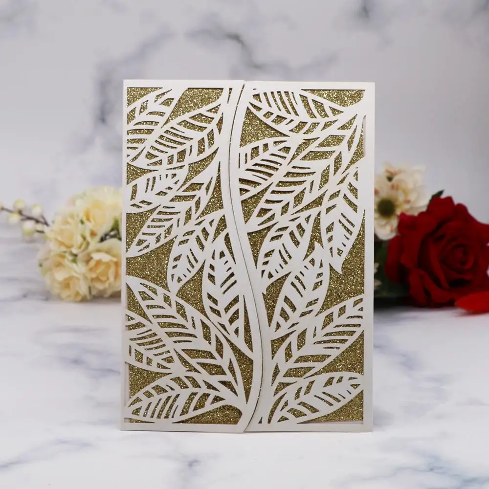 

50pcs Simple Wedding Invitation Card Of Pearl Paper Laser Cutting Vines Design Invitation Card Envelope Rsvp Card