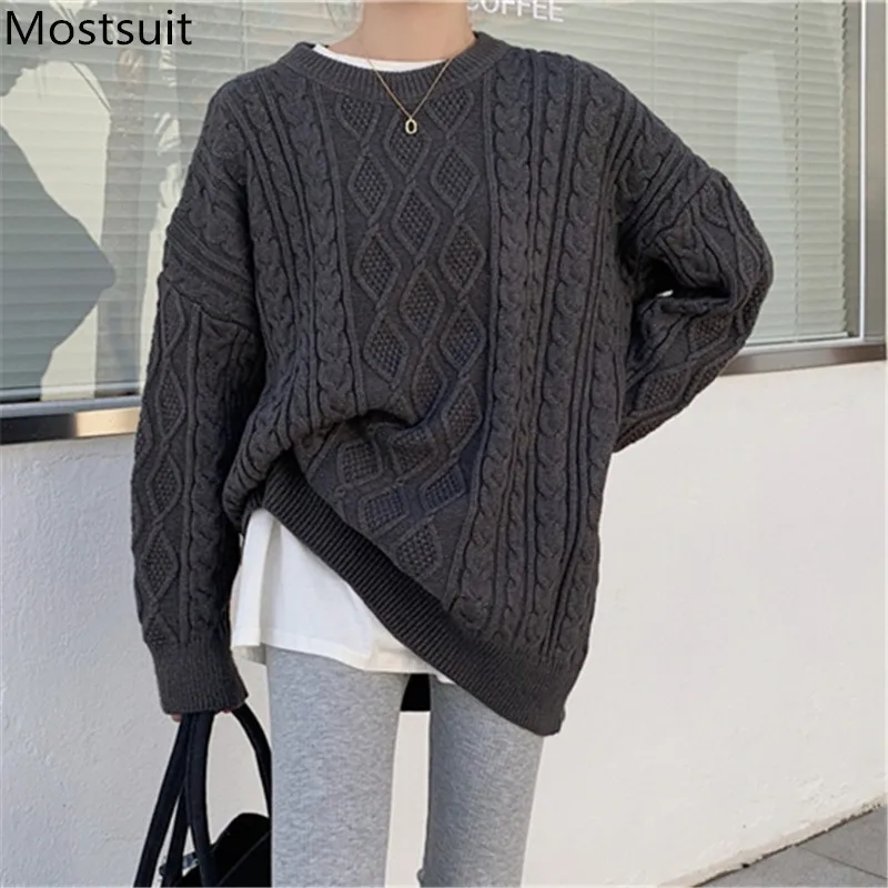 

Женский вязаный пуловер, теплый толстый вязаный удлиненный джемпер с круглым вырезом и длинными рукавами, свободный свитер на зиму, 2020