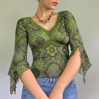 2021 autumn and winter fashion sexy lace retro print v neck low cut flared sleeve mesh top