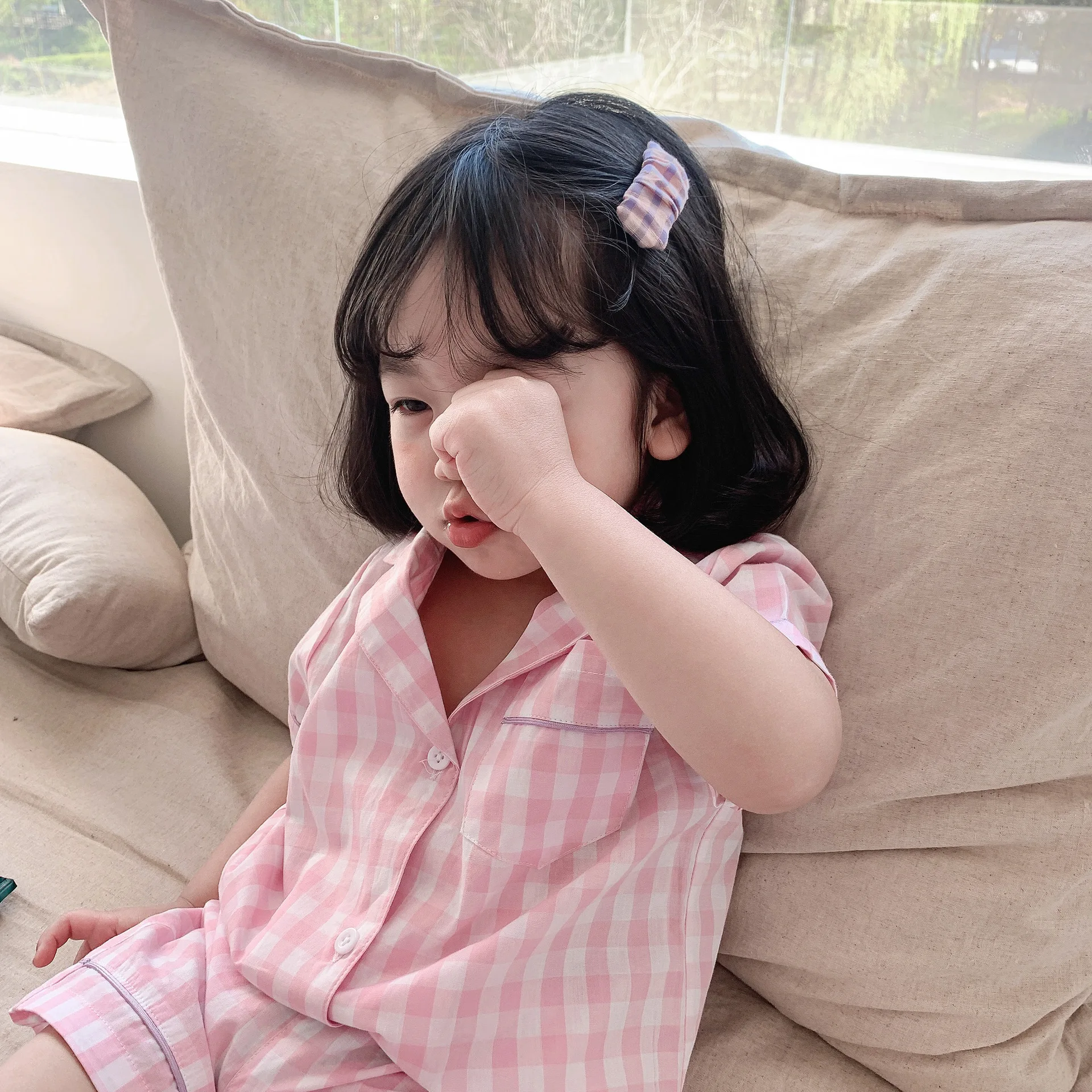 

Summer Kids Pajamas 2 3 4 5 6 7 Years Baby Girls Cotton Plaid Sleepwear Sets Casual Loose Homewear Suits for Girls Kids Clothing
