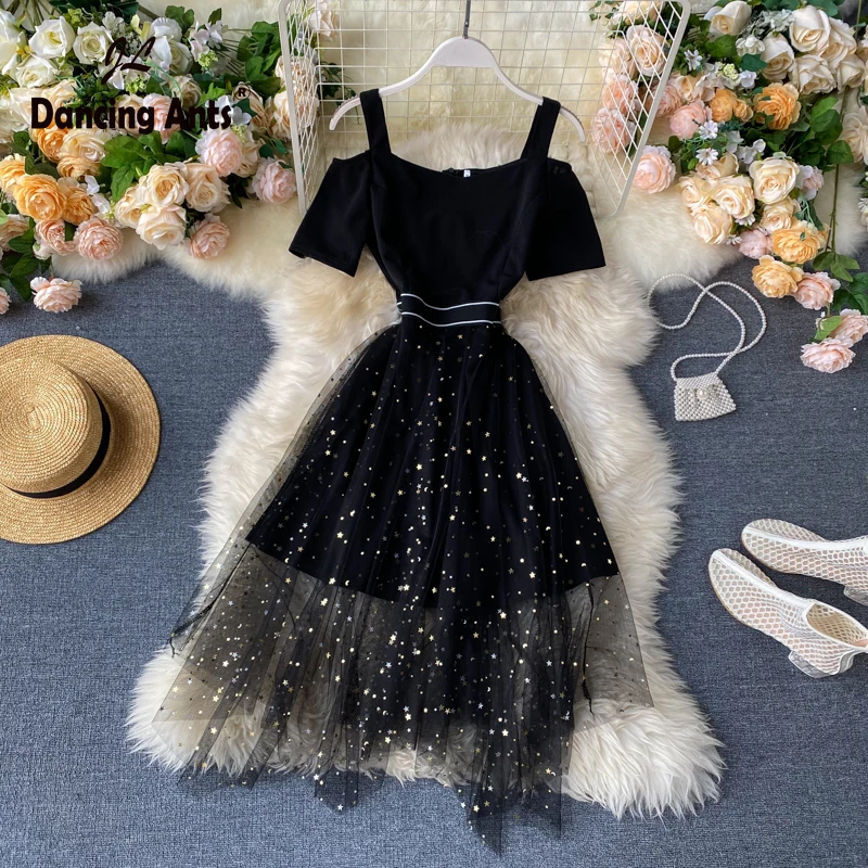 Женское летнее платье с коротким рукавом открытыми плечами асимметричное