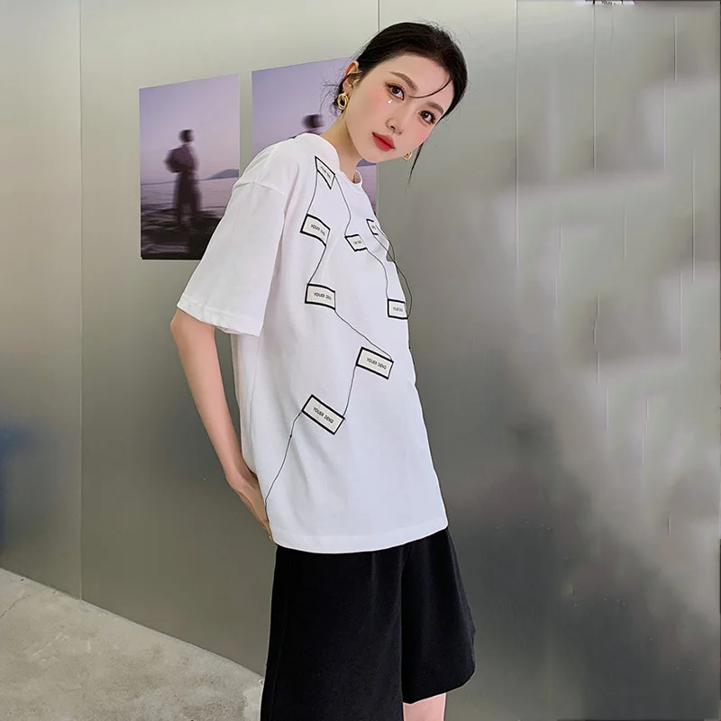 

LANMREM Women White Large Size T-shirt New Arrivals Round Neck Short Sleeve Female Fashion Casual Tide Spring Summer 2021 2E1991